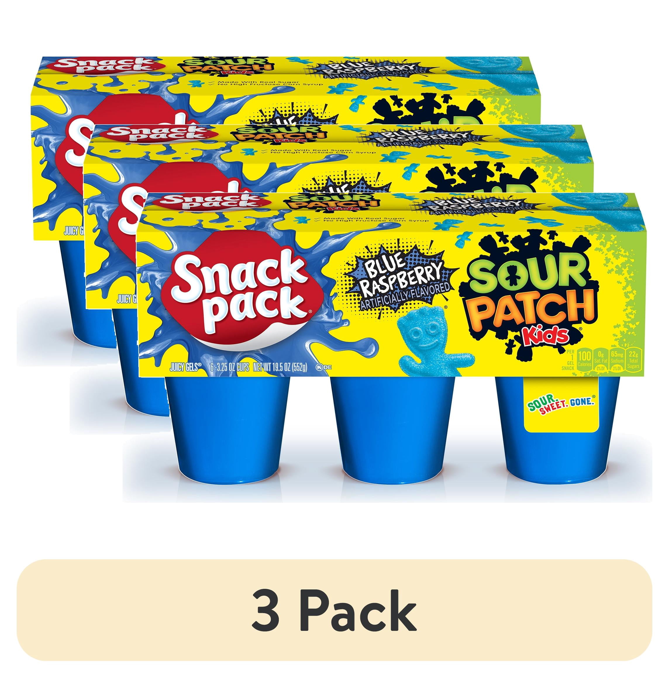 (3 pack) Snack Pack SOUR PATCH KIDS BLUE RASPBERRY Flavored Juicy Gels, Lunachbox Snacks, 3.25 oz. Snack Cups, 6-Count