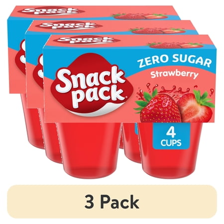 (3 pack) Snack Pack Zero Sugar Strawberry Flavored Juicy Gels, Lunchbox Snacks, 3.25 oz Snack Cups, 4 Count
