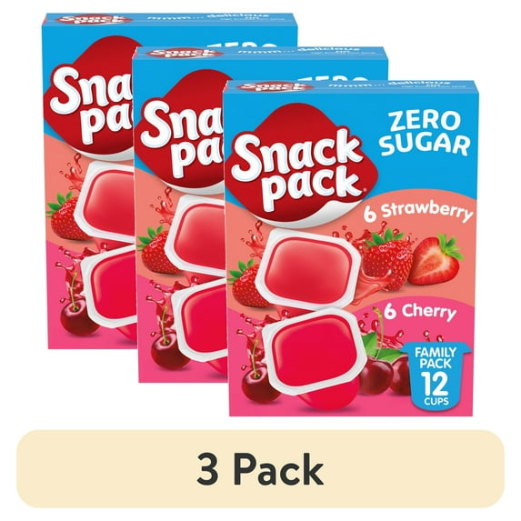 (3 pack) Snack Pack Zero Sugar Strawberry and Cherry Flavored Juicy Gels, 3.25 oz Snack Cups, 12 Count Family Pack