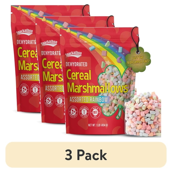 (3 pack) Snackathon Cereal Marshmallows, Assorted Rainbow, Resealable Pouches (Various Sizes)