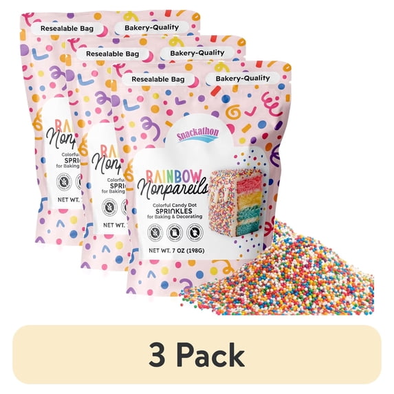 (3 pack) Snackathon Sprinkles for Baking & Decorating, Rainbow Nonpareils, 7 OZ Resealable Bag