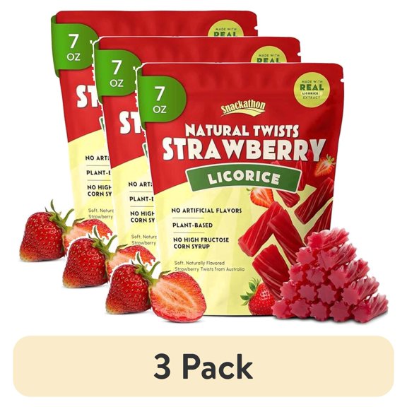 (3 pack) Snackathon Australian Licorice Candy, Natural Strawberry Twists, 7 oz Resealable Bag