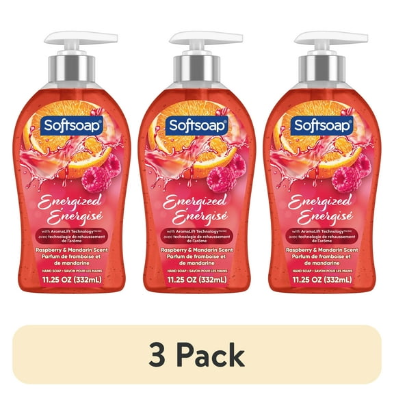 (3 pack) Softsoap Energized Liquid Hand Soap, Paraben Free, pH Balanced, Raspberry and Mandarin Scent, 11.25 fl oz Pump Bottle