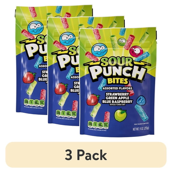 (3 pack) Sour Punch Bites Assorted Flavors Candy, 9oz Resealable Bag