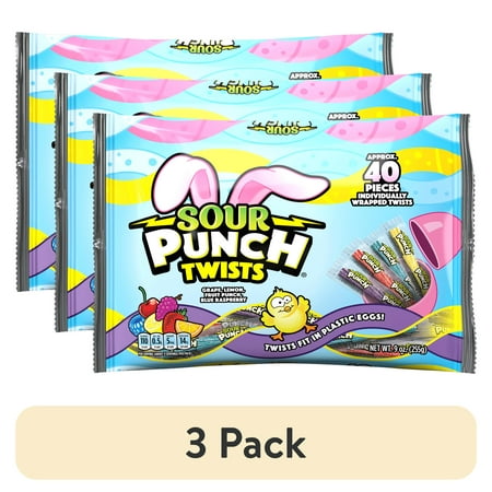 (3 pack) Sour Punch Twists Individually Wrapped Easter Candy, 9oz Bag