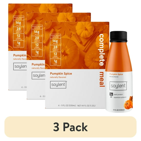 (3 pack) Soylent, Complete Meal Replacement Shake, Pumpkin Spice Flavor, 4 Pack