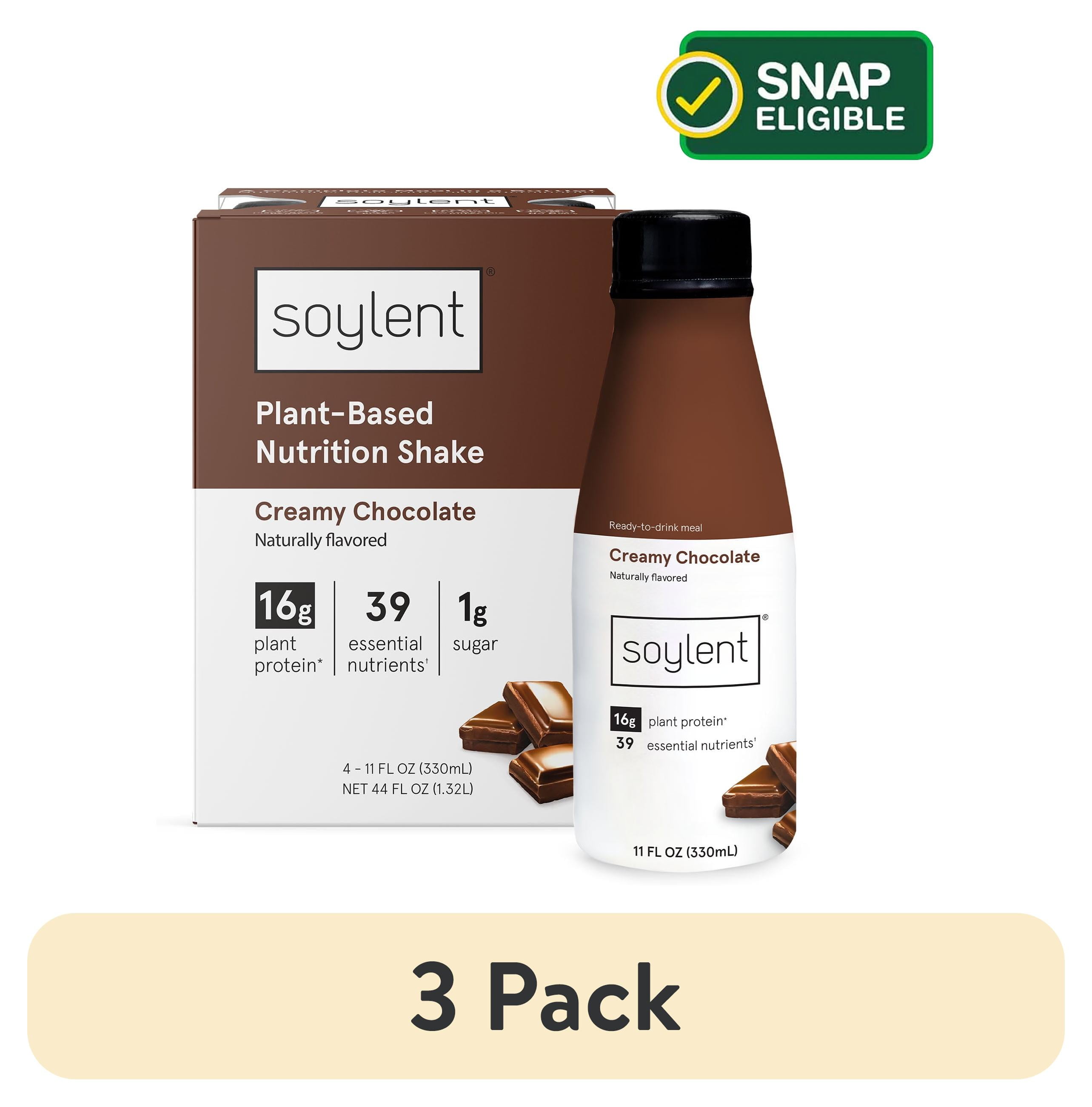 (3 pack) Soylent Protein Nutrition Shake, Creamy Chocolate, 11 fl oz, 4 Count