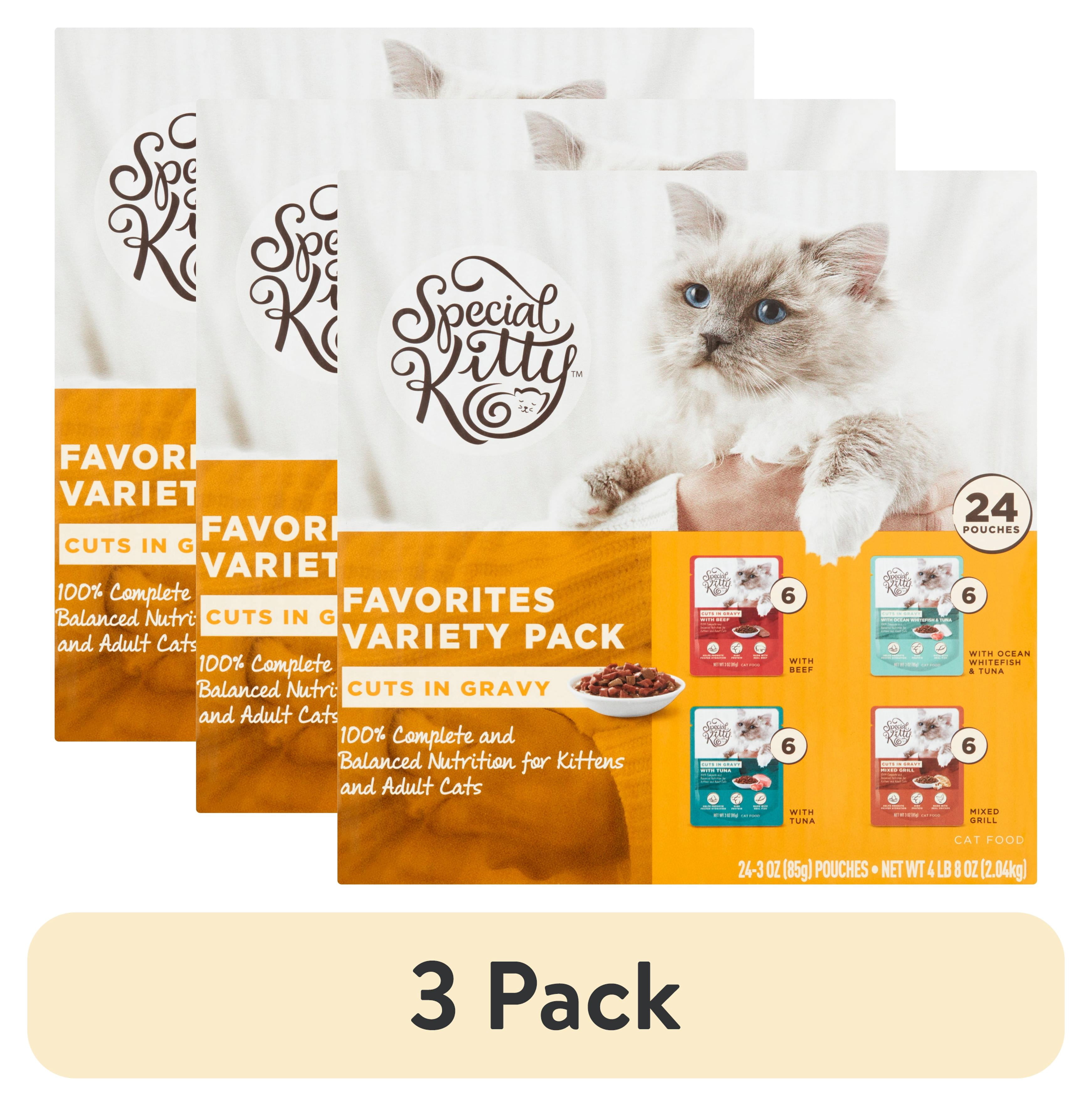 (3 pack) Special Kitty Wet Cat Food Favorites Variety Pack, Beef, Ocean Whitefish and Tuna, and Mixed Grill Cuts in Gravy, 24 Count