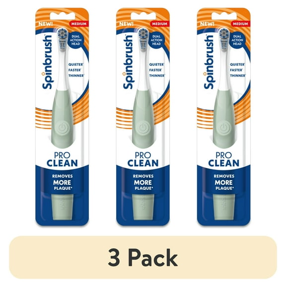 (3 pack) Spinbrush NEW PRO CLEAN Battery Powered Electric Toothbrush for Adults, Medium Bristles, Sage Green