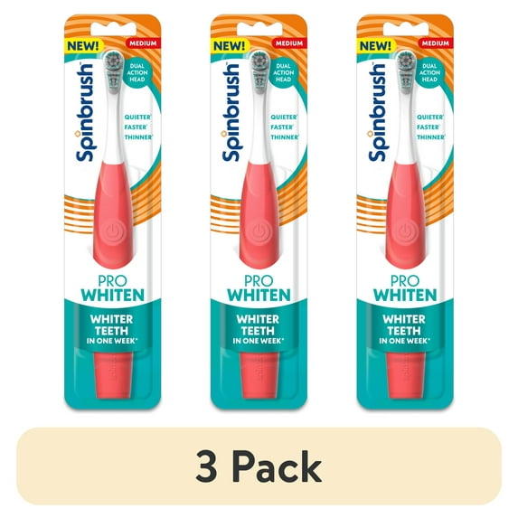 (3 pack) Spinbrush NEW PRO WHITEN Battery Powered Electric Toothbrush for Adults, Medium Bristles, Coral