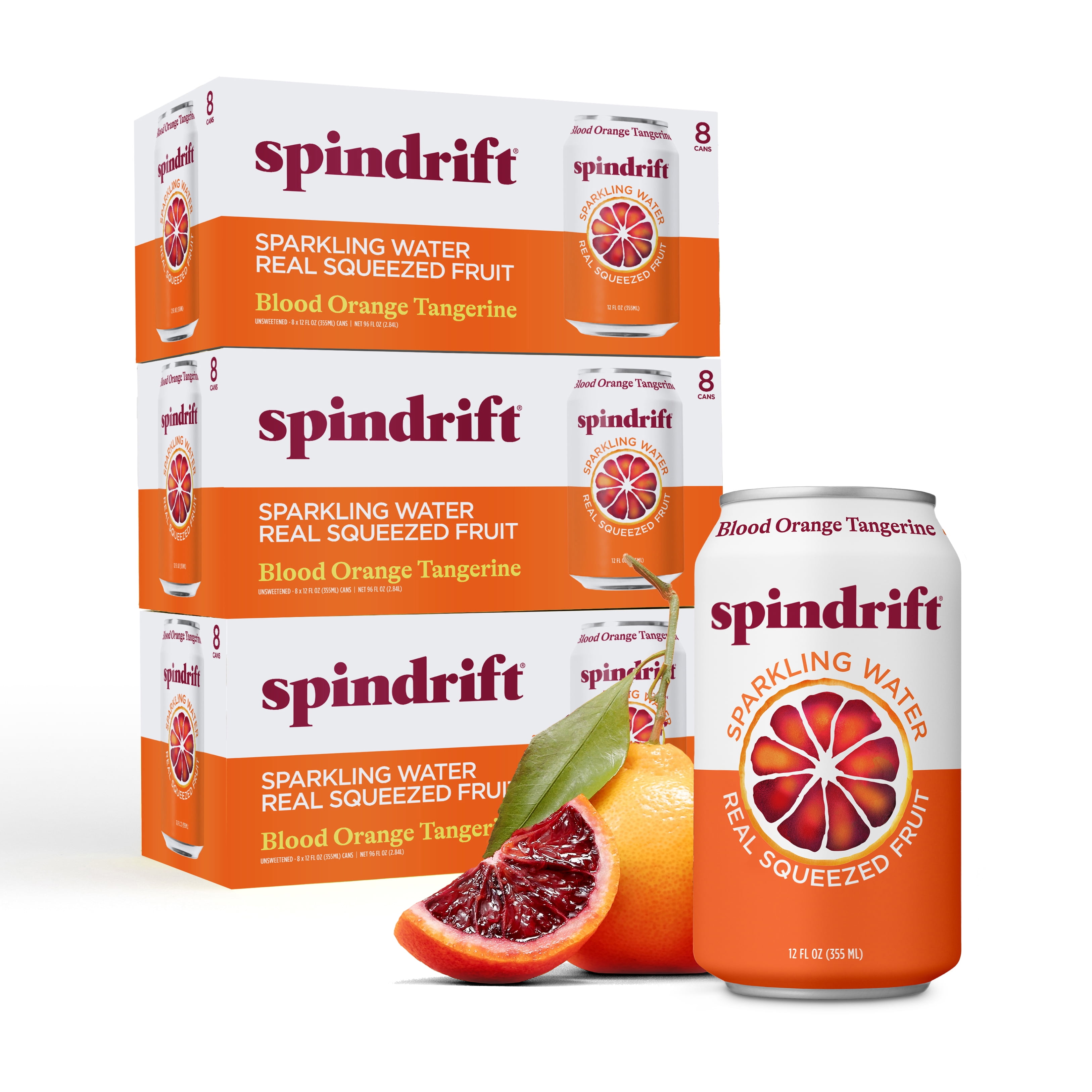 (3 pack) Spindrift Sparkling Water, Blood Orange Tangerine Flavored, Made with Real Squeezed Fruit, 12 fl oz, 8 Count, No Sugar Added, 12 Calories per Can