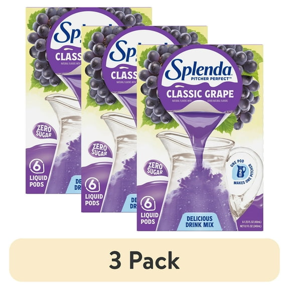 (3 pack) Splenda Pitcher Perfect Zero Sugar Drink Mix, Classic Grape, 6 Liquid Pods, Makes 12 Quarts