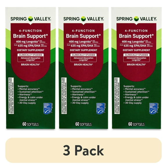 (3 pack) Spring Valley 4-Function Brain Support Dietary Supplement Softgels for Brain Health, 60 Count