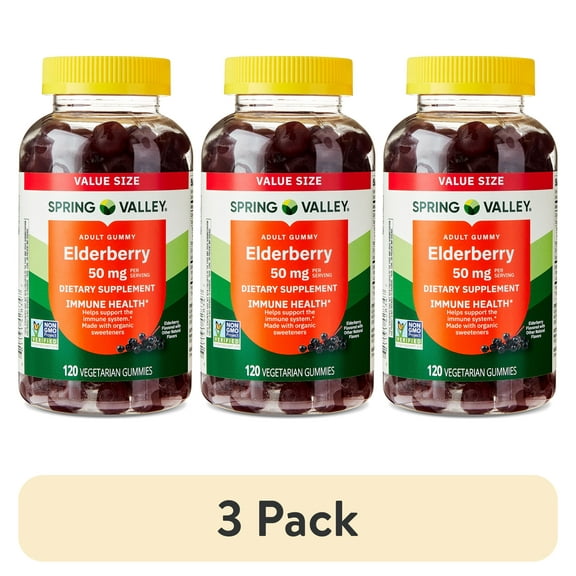 (3 pack) Spring Valley Non GMO Elderberry Dietary Supplement Gummies for Immune Health, 50 mg, 120 Count