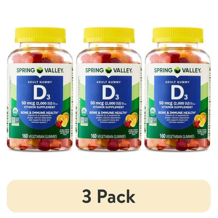 (3 pack) Spring Valley Vitamin D3 Gummies, 50 mcg, 160 Count, Supplement for Bone and Immune Health, Assorted Fruit