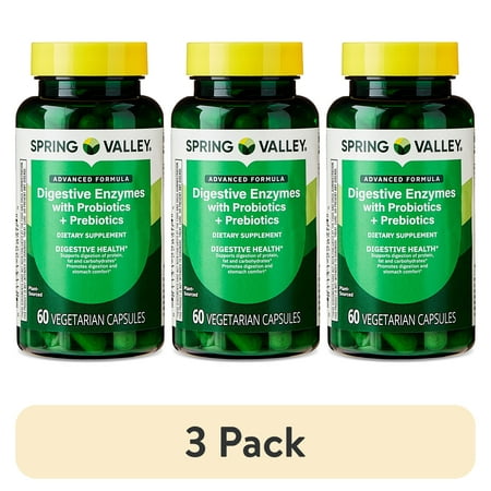 (3 pack) Spring Valley Advanced Formula Digestive Enzymes, with Probiotics + Prebiotics, Vegetarian Capsules for Digestive Health, 60 Count