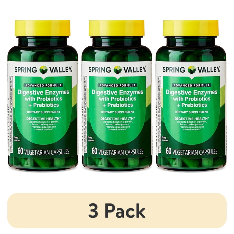 (3 pack) Spring Valley Advanced Formula Digestive Enzymes, with Probiotics + Prebiotics, Vegetarian Capsules for Digestive Health, 60 Count