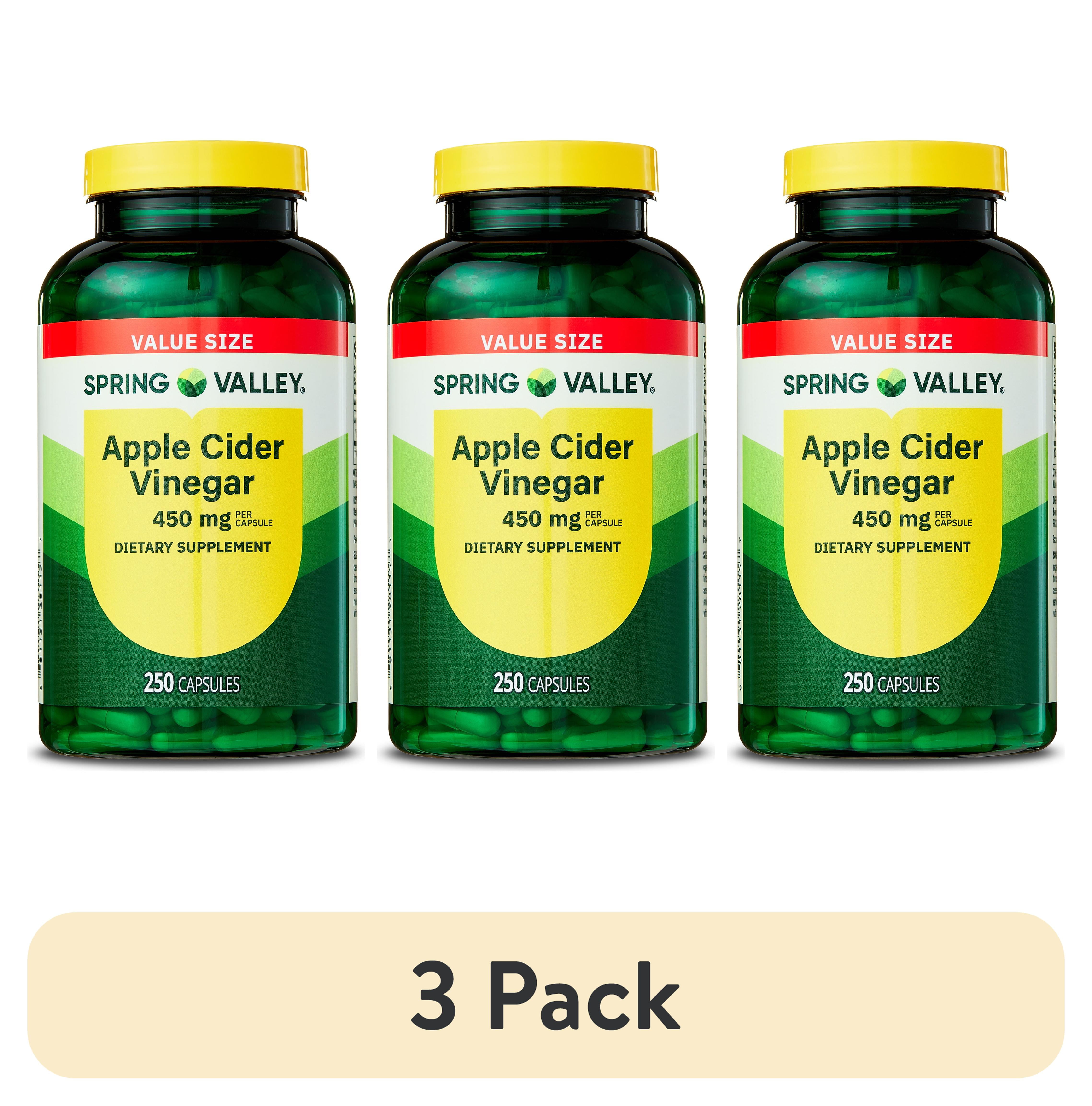 (3 pack) Spring Valley Apple Cider Vinegar General Health & Wellness Dietary Supplement Capsules, 450 mg, 250 Count
