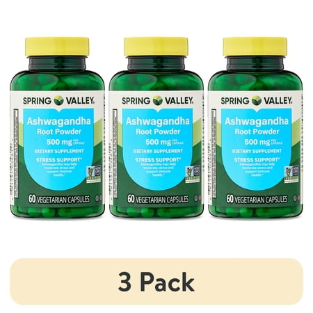 (3 pack) Spring Valley Ashwagandha Root Powder General Wellness Dietary Supplement Vegetarian Capsules, 500 mg, 60 Count