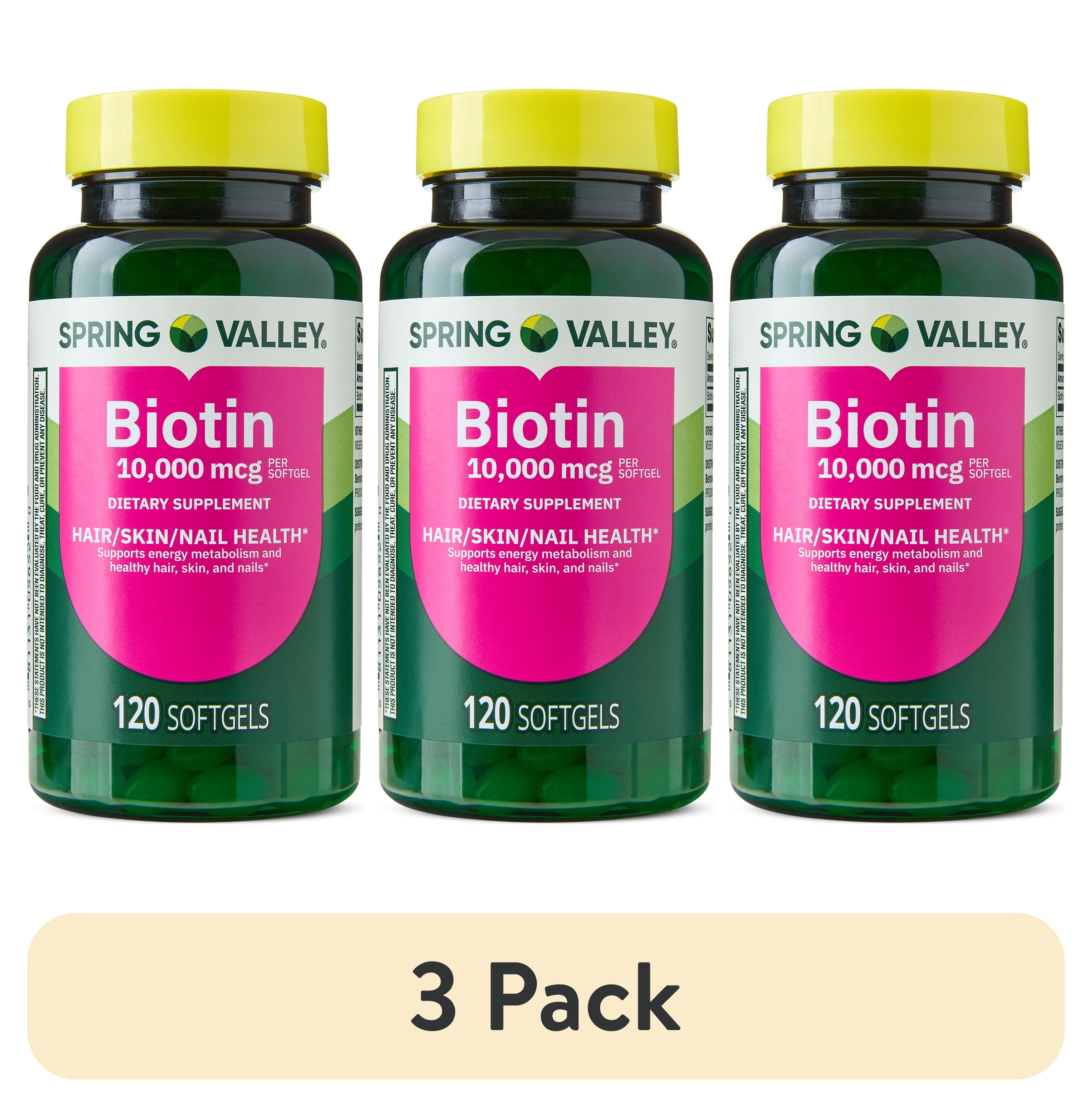 (3 pack) Spring Valley Biotin Dietary Supplement Softgels for Hair/Skin/Nails Health, 10,000 mcg, 120 Count