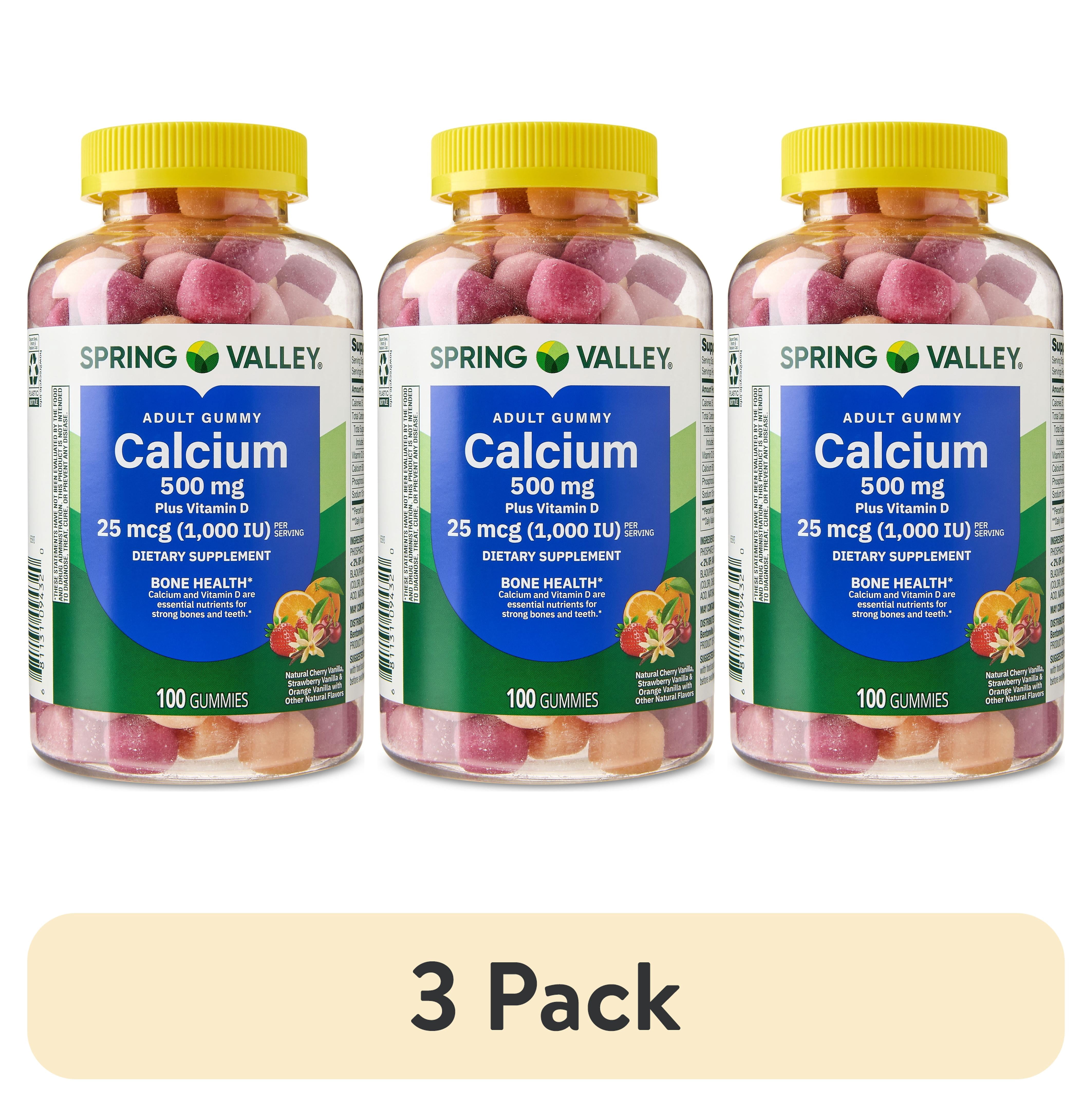 (3 pack) Spring Valley Calcium 500 mg Plus Vitamin D 25 mcg Gummies, 100 Count, Bone Health Dietary Supplement