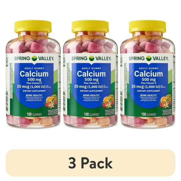 (3 pack) Spring Valley Calcium 500 mg Plus Vitamin D 25 mcg Gummies, 100 Count, Bone Health Dietary Supplement