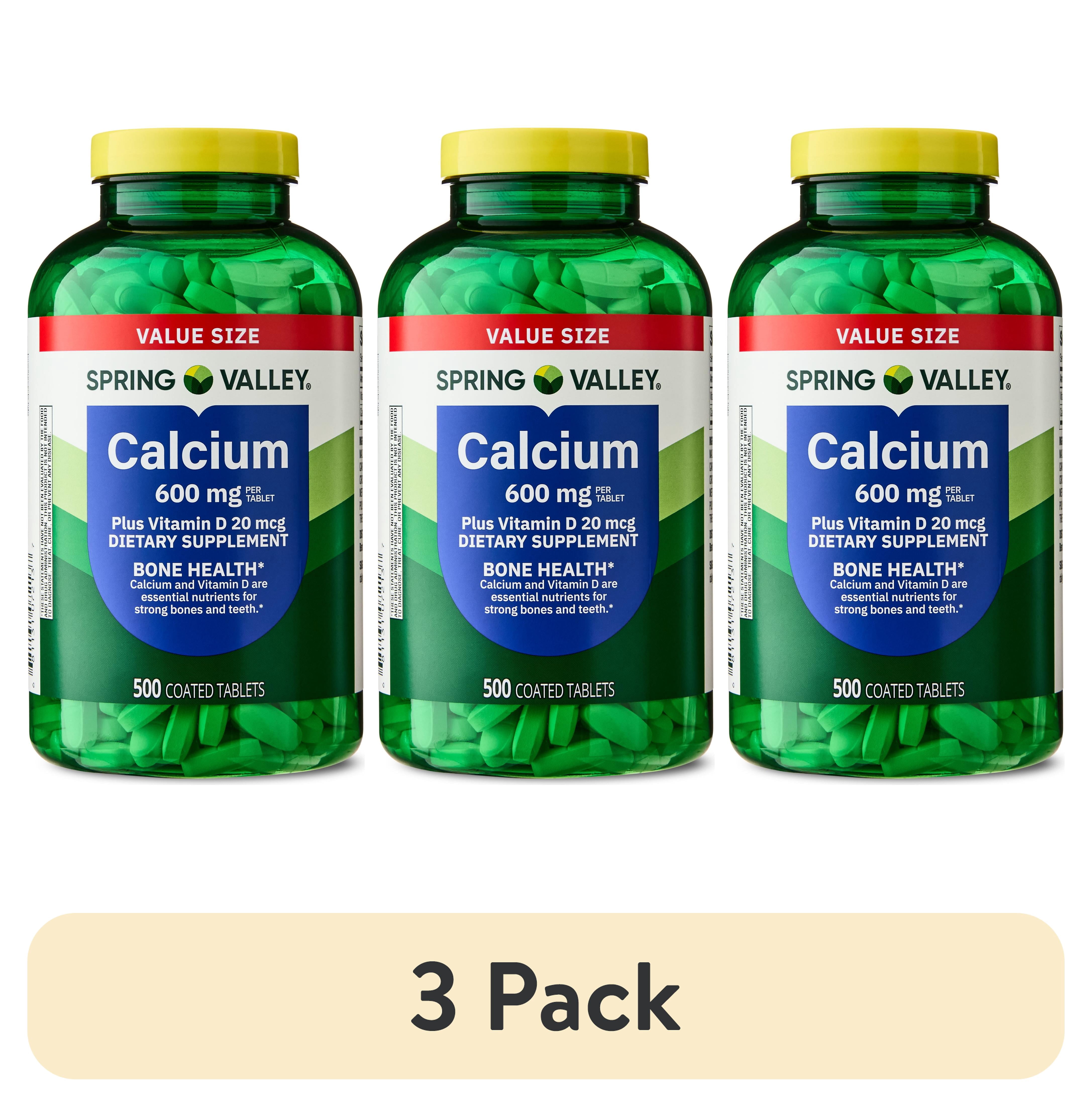 (3 pack) Spring Valley Calcium Plus Vitamin D Tablets, 600 mg, 500 Count,  Bone & Joint Health Dietary Supplement, Value Size