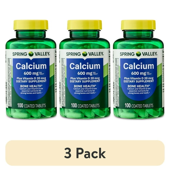 (3 pack) Spring Valley Calcium Plus Vitamin D Tablets, 600 mg, 100 Count, Dietary Supplement