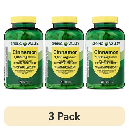 (3 pack) Spring Valley Cinnamon Plus Chromium Dietary Supplement Capsules for Metabolism, 1000 mg, 180 Count