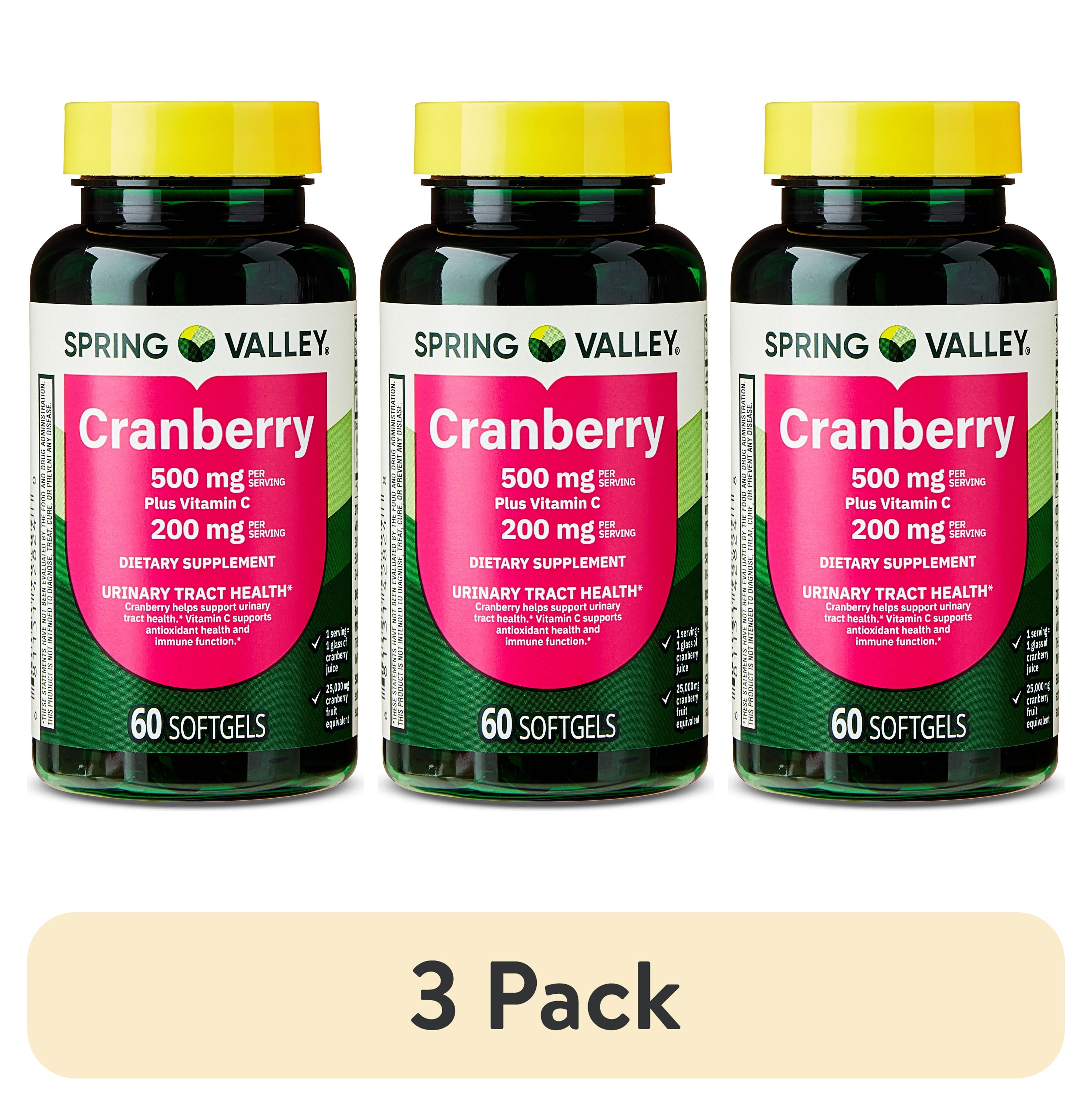 (3 pack) Spring Valley Cranberry Urinary Tract Support Dietary Supplement Softgels, 500mg, 60 Count