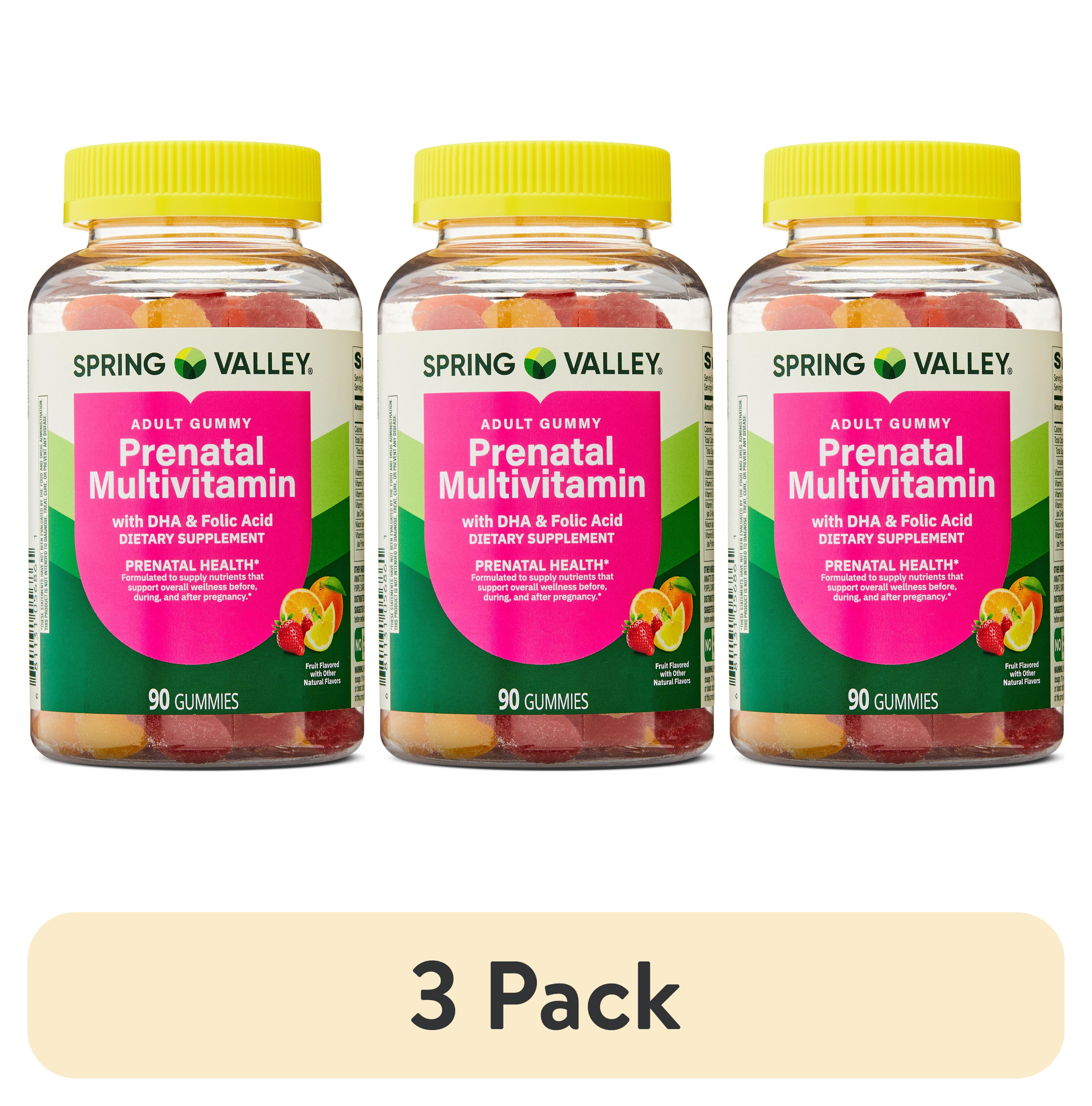 (3 pack) Spring Valley DHA and Folic Acid Prenatal Multivitamin Dietary Supplement Gummies, Fruit Flavor, 90 Count