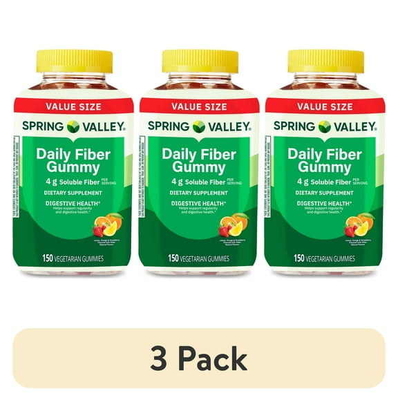 (3 pack) Spring Valley Digestive Health Fiber Supplement Gummies, Orange Lemon Strawberry, 150 Count