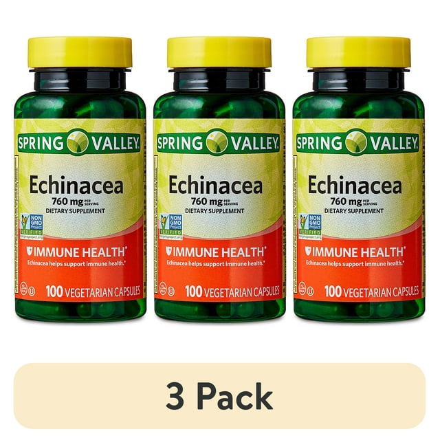 (3 pack) Spring Valley Non GMO Echinacea Dietary Supplement Vegetarian Capsules for Immune Health, 760 mg, 100 Count