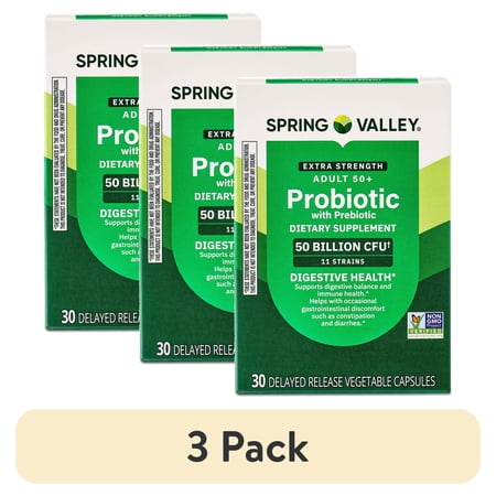 (3 pack) Spring Valley Extra Strength Age 50+ Probiotic with Prebiotic Dietary Supplement Delayed Release Vegetarian Capsules for Digestive Health, 30 Count