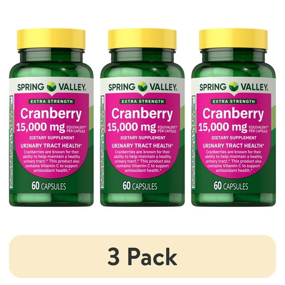 (3 pack) Spring Valley Extra Strength Cranberry Dietary Supplement Capsules, 15,000mg, 60 Count