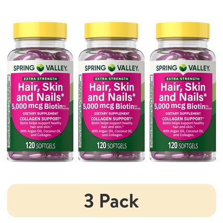 (3 pack) Spring Valley Extra Strength Hair Skin & Nails Collagen Support Softgels, 5000 mcg Biotin, 120 Count