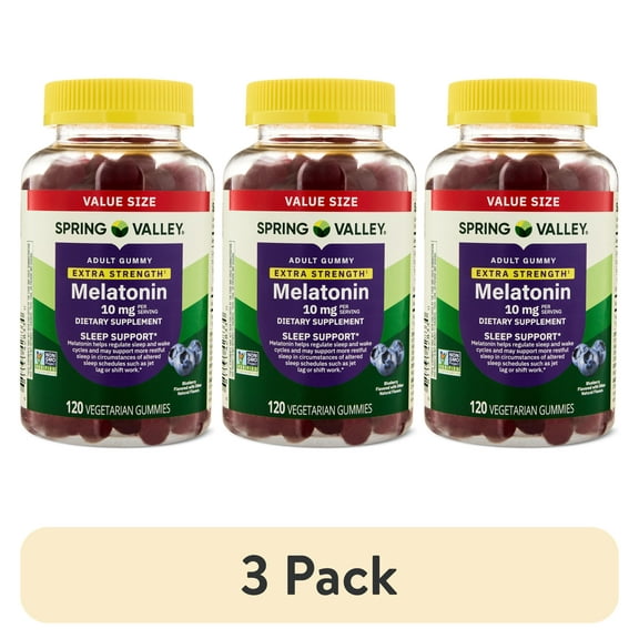 (3 pack) Spring Valley Extra Strength Melatonin for Sleep Support, Blueberry, 10mg, 120 Gummies