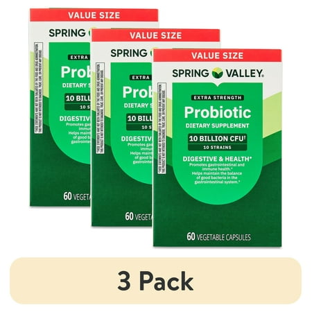 (3 pack) Spring Valley Extra Strength Probiotic Vegetable Capsules for Digestive Health, 10 Billion CFU, 60 Count
