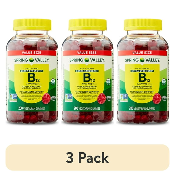 (3 pack) Spring Valley Extra Strength Vitamin B12 Supplement, Raspberry Flavor, 3000 mcg, 200 Count, Vegetarian Gummies for Metabolism Support