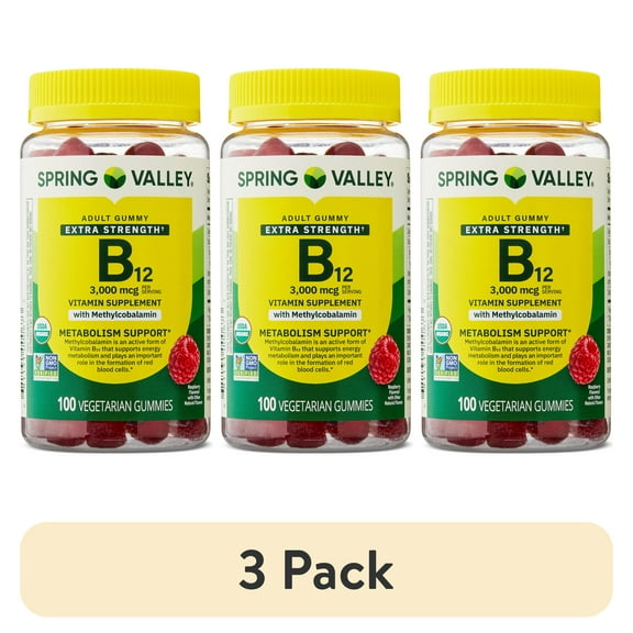 (3 pack) Spring Valley Extra Strength Vitamin B12 Supplement, Raspberry Flavor, 3000 mcg, 100 Count, Vegetarian Gummies for Metabolism Support