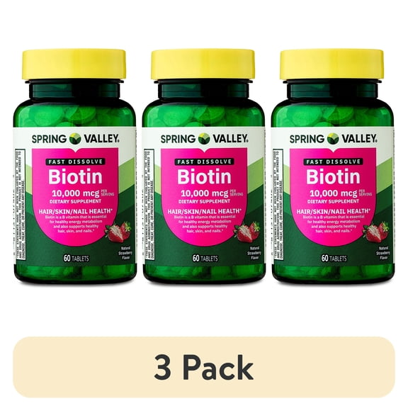 (3 pack) Spring Valley Fast-Dissolve Biotin Dietary Supplement Tablets for Hair/Skin/Nail Health, Strawberry Flavor, 10,000 mcg, 60 Count