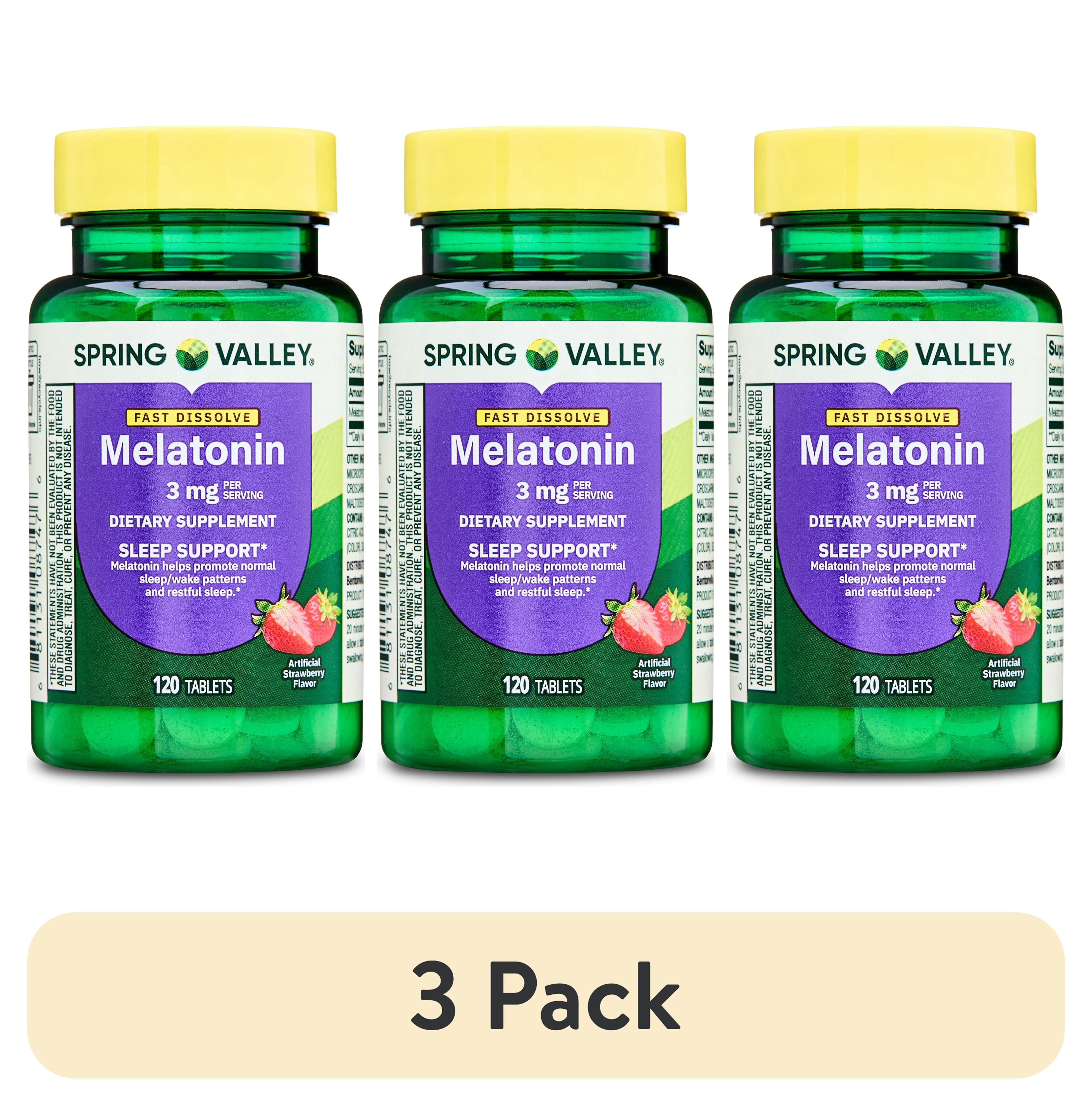 (3 pack) Spring Valley Fast-Dissolve Melatonin Sleep Support Dietary Supplement Tablets, Strawberry, 3 mg, 120 Count