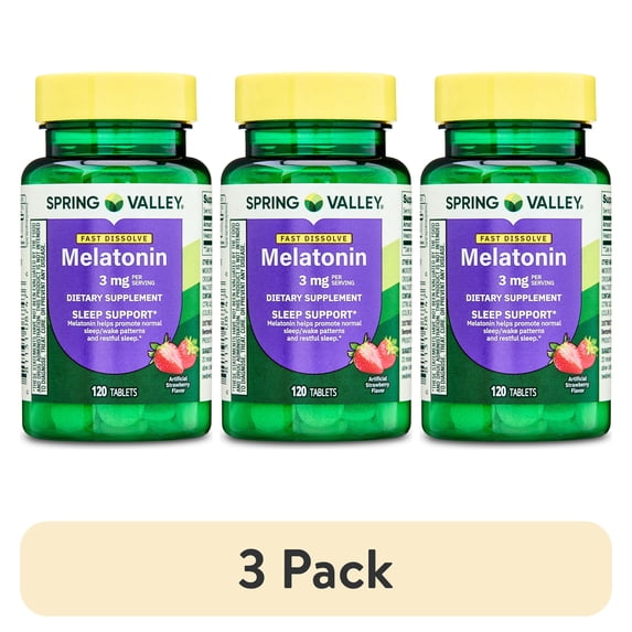 (3 pack) Spring Valley Fast-Dissolve Melatonin Sleep Support Dietary Supplement Tablets, Strawberry, 3 mg, 120 Count