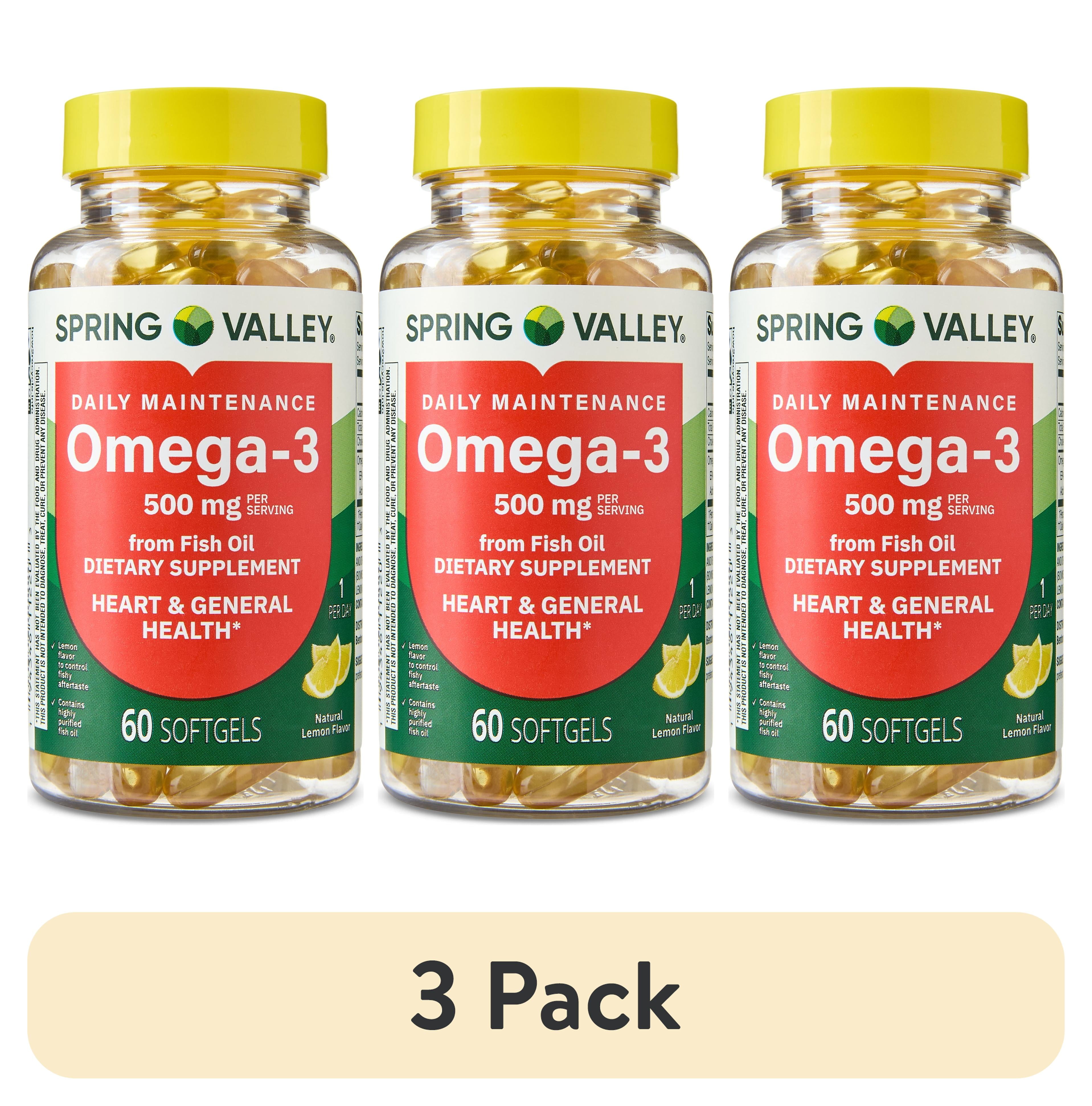 (3 pack) Spring Valley Daily Maintenance Omega-3 From Fish Oil Dietary Supplement Softgels for General & Heart Health, Lemon Flavor, 500 mg, 60 Count