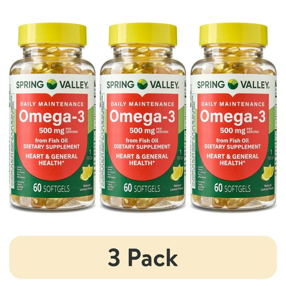 (3 pack) Spring Valley Daily Maintenance Omega-3 From Fish Oil Dietary Supplement Softgels for General & Heart Health, Lemon Flavor, 500 mg, 60 Count