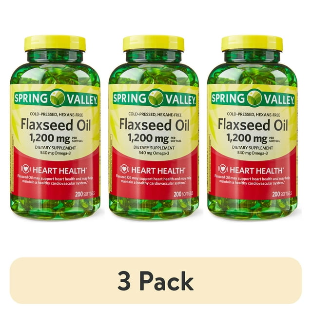 (3 pack) Spring Valley Flaxseed Oil Dietary Supplement Softgels for Heart Health, 1200 mg, 200 Count