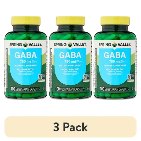 (3 pack) Spring Valley GABA Dietary Supplement Vegetarian Capsules for Mood Health, 750 mg, 100 Count