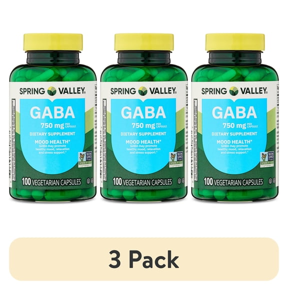 (3 pack) Spring Valley GABA Dietary Supplement Vegetarian Capsules for Mood Health, 750 mg, 100 Count