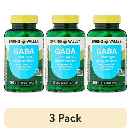 (3 pack) Spring Valley GABA Dietary Supplement Vegetarian Capsules for Mood Health, 750 mg, 100 Count
