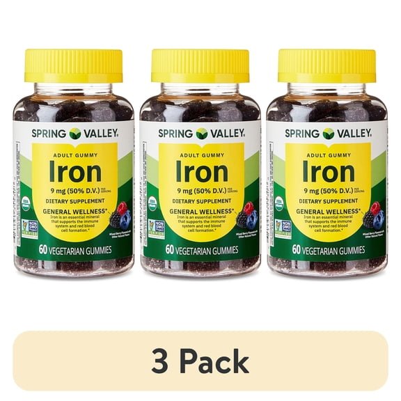 (3 pack) Spring Valley General Wellness/Circulatory Health Iron Supplement Gummies, Mixed Berries, 9 mg, 60 Count